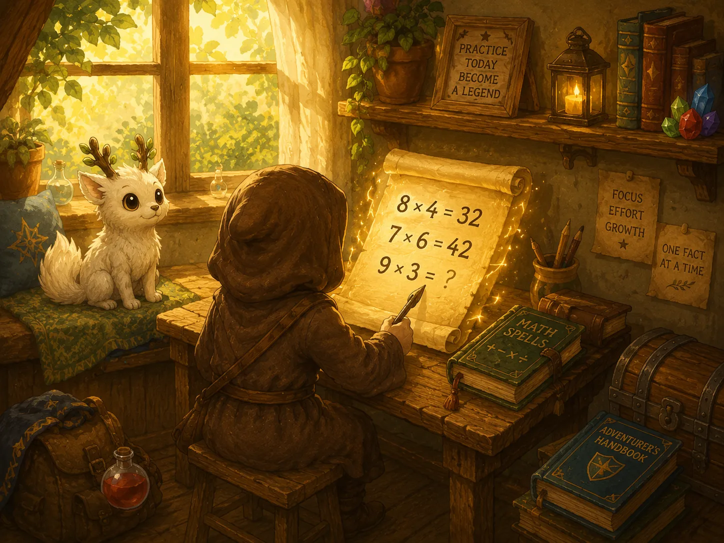 QuestCaster adventurer practicing multiplication facts independently at a cozy home desk beside their companion creature