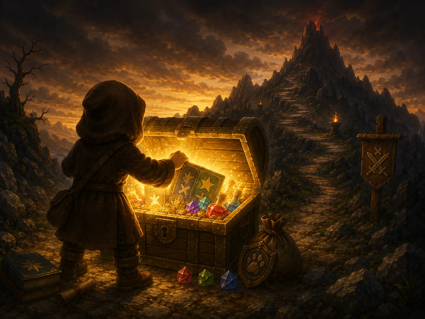 QuestCaster adventurer opening a treasure chest of earned gems and rewards on a mountain path